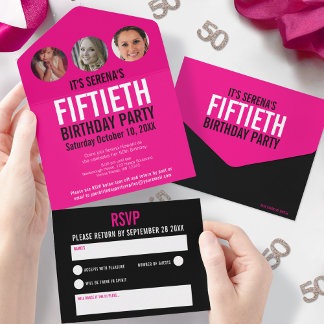 Graphic pink black photo circles 50th Birthday All In One Invitation