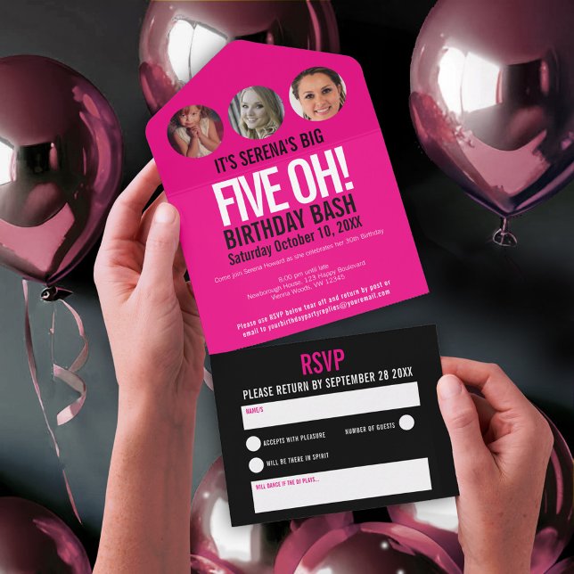 Graphic pink black photo circles 50th Birthday All In One Invitation (Creator Uploaded)