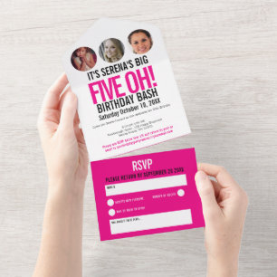 Graphic pink black photo circles 50th Birthday All In One Invitation