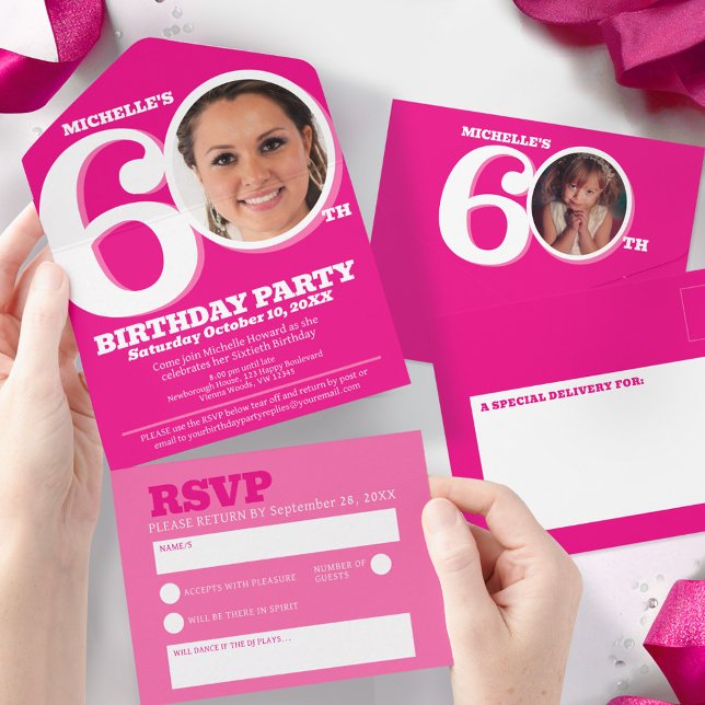 Graphic pink photo in the 0 of 60th Birthday All In One Invitation (Creator Uploaded)