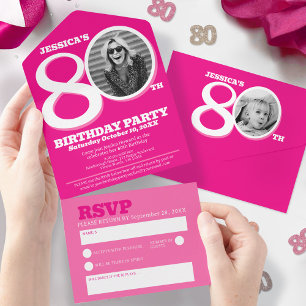 Graphic pink photo in the 0 of 80th Birthday All In One Invitation