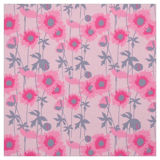Graphic pink ragged poppy art floral pattern fabric (Swatch)