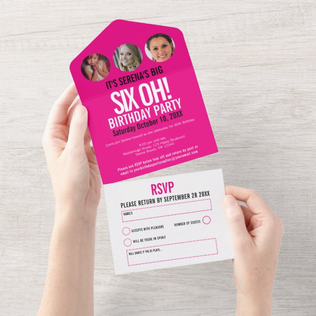 Graphic pink white photo circles 60th Birthday  All In One Invitation (Tearaway)