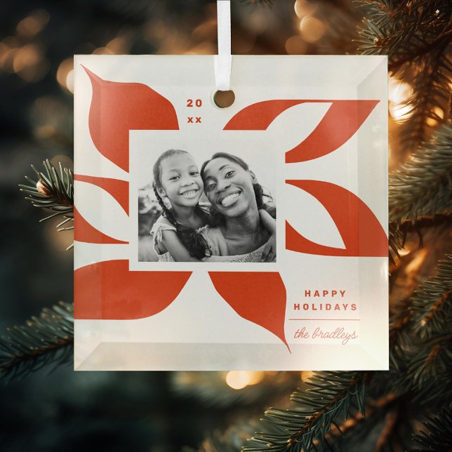 Graphic Poinsettia Photo Glass Ornament (Creator Uploaded)
