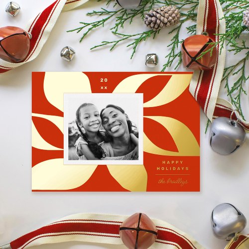 Graphic Poinsettia Photo Red and Gold Foil Holiday Card