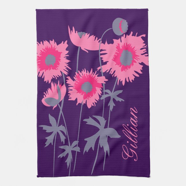Graphic poppies flowers in grey pink and purple kitchen towel (Vertical)