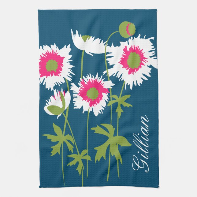 Graphic poppies flowers in white pink green blue kitchen towel (Vertical)