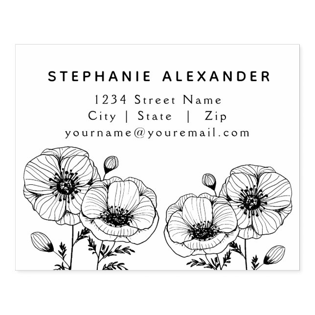 Graphic Poppy flowers black ink return address Rubber Stamp (Imprint)