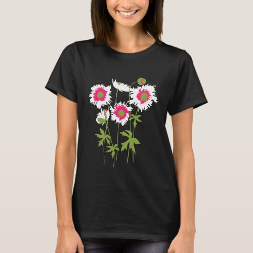 Graphic ragged poppies white pink  green T_Shirt