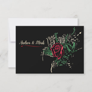 Graphic Red Rose Leaves Baby's Breath Wedding Invitation