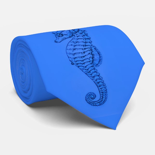 graphic seahorse  in blue neck tie (Rolled)