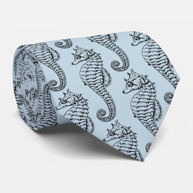 graphic seahorse in light blue neck tie (Rolled)