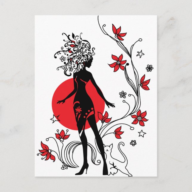 Graphic silhouette of a woman on floral background postcard (Front)