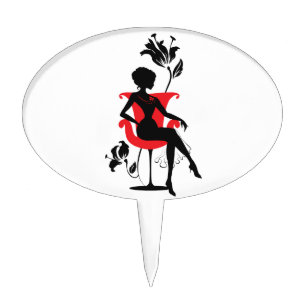 Graphic silhouette of a woman sitting in red chair cake topper