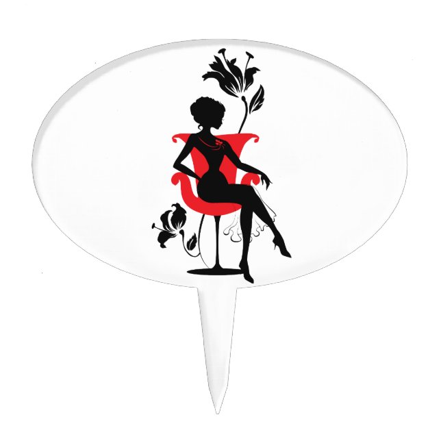 Graphic silhouette of a woman sitting in red chair cake topper (Front)
