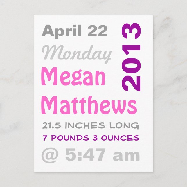 Graphic Stats Birth Announcement Postcard (Front)