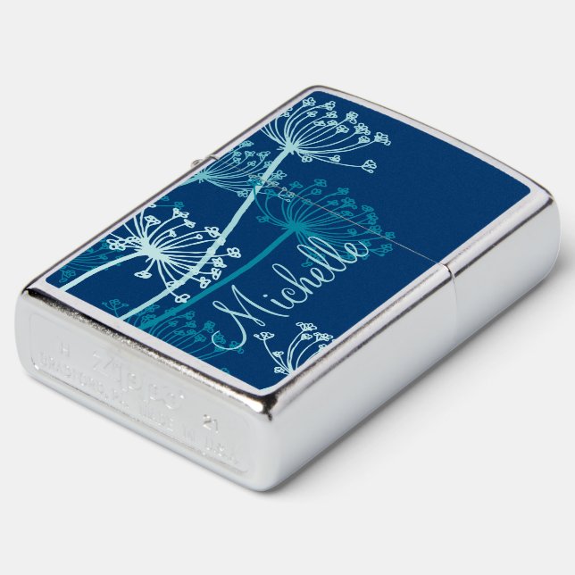 Graphic teal flower chervil name  zippo lighter (Angled)
