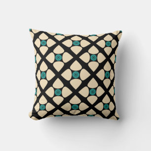 Graphic Tear Drop Centre Flower Teal Cream Black Throw Pillow