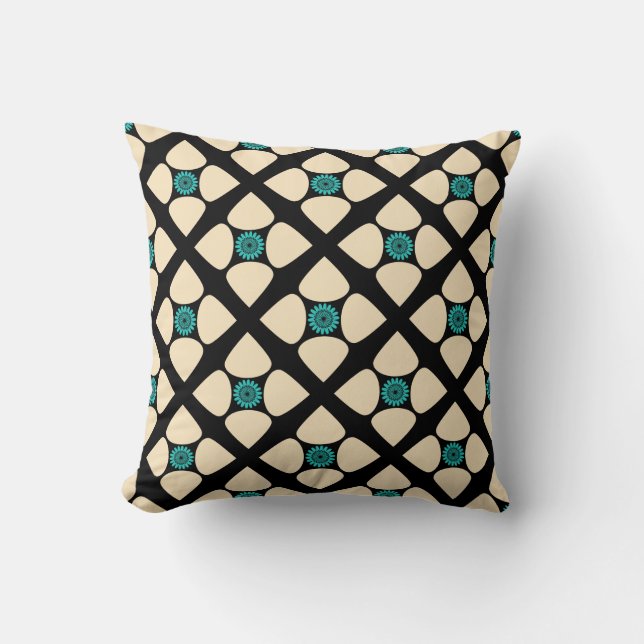 Graphic Tear Drop Centre Flower Teal Cream Black Throw Pillow (Front)