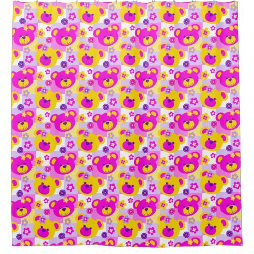 Graphic teddy bear faces pink yellow curtain