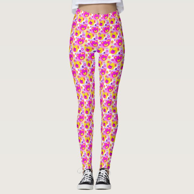Graphic teddy bear pink yellow purple leggings (Front)