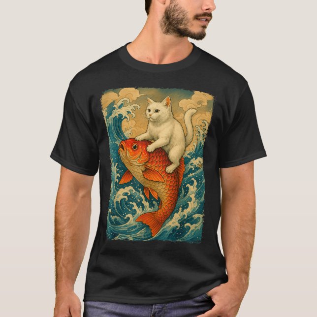 Graphic Tee Men Women Funny Cat Koi Japanese Art W (Front)