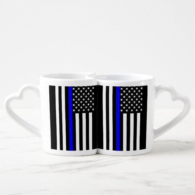 Graphic Thin Blue Line Display US Flag Coffee Mug Set (Back Nesting)