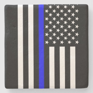 Graphic Thin Blue Line Display US Flag Stone Coaster