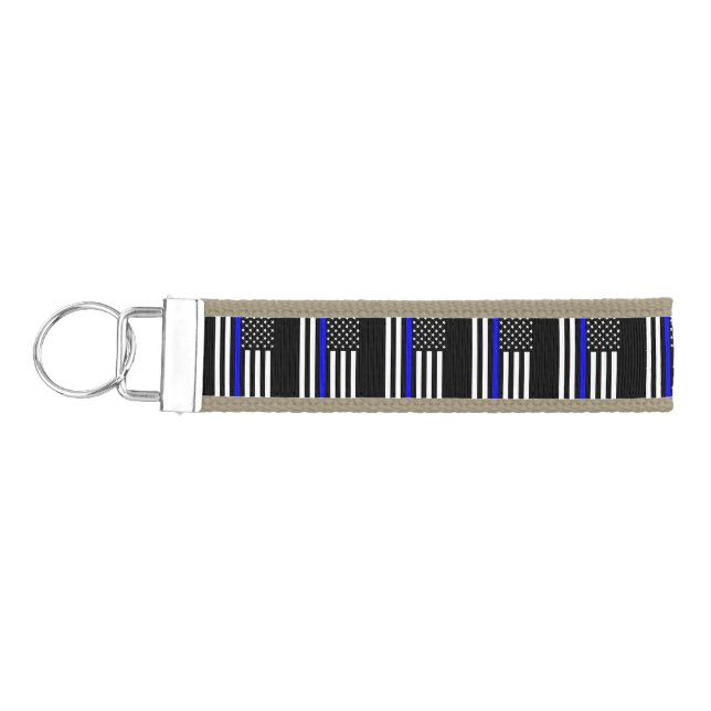 Graphic Thin Blue Line Display US Flag Wrist Keychain (Keys on Left)