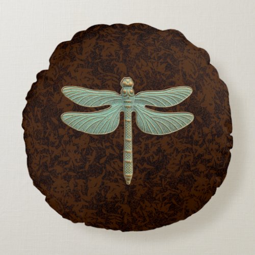 Graphic Vintage Style Patina Dragonfly Green Brown Round Pillow