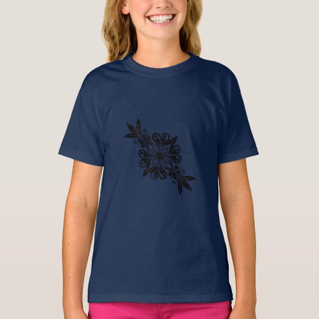 Graphic with a black elegant plant mark Navy Blue T-Shirt (Front)