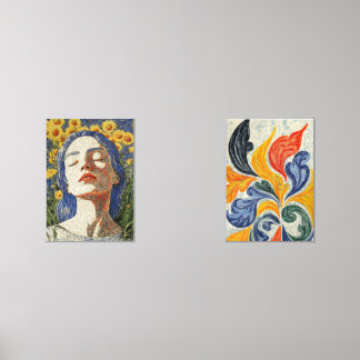 Graphic Yellow Flower Dream Woman Blue Hair Wall Art Sets