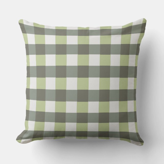 Graphical Plaid Green and Grey Checkered Throw Pillow (Front)