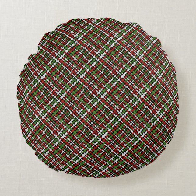 Graphical Woven Burlap Red Green White Round Pillow (Front)
