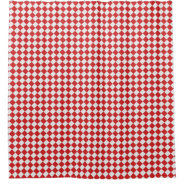 Graphical Woven Checkered Diagonal 60s Red White Shower Curtain (Front)