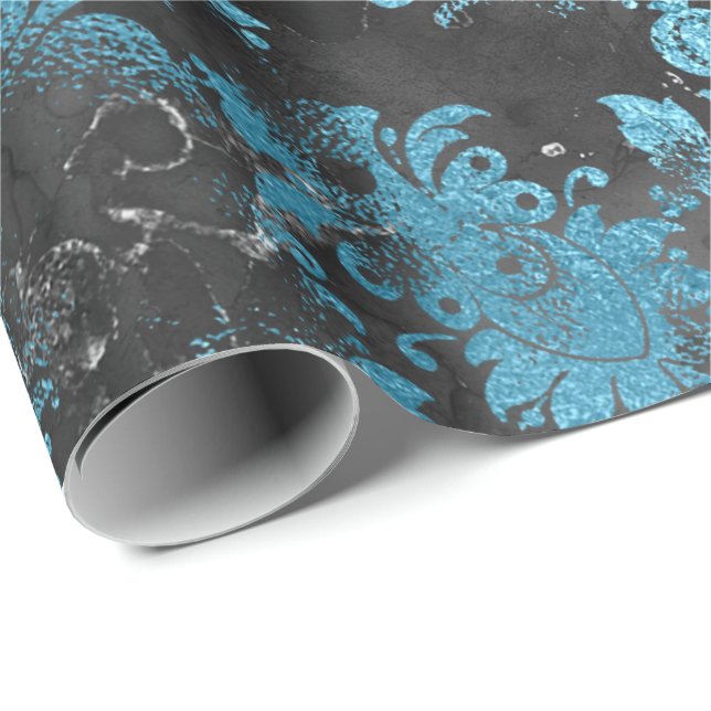 Graphite Gray Blue  Black Floral Grungy Shabby Wrapping Paper (Roll Corner)