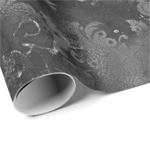 Graphite Gray Silver Black Floral Grungy Monochrom Wrapping Paper