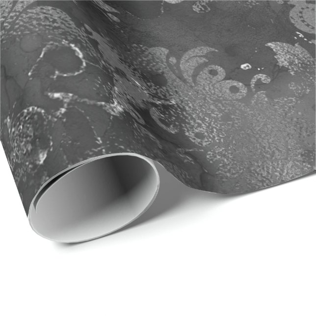 Graphite Gray Silver Black Floral Grungy Monochrom Wrapping Paper (Roll Corner)