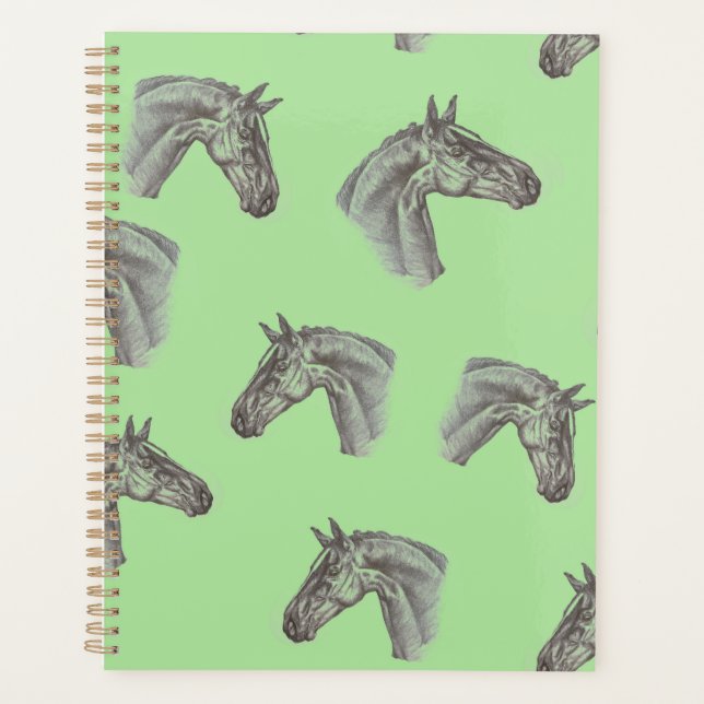 Graphite Horse Head drawing on a Green Background Planner (Front)