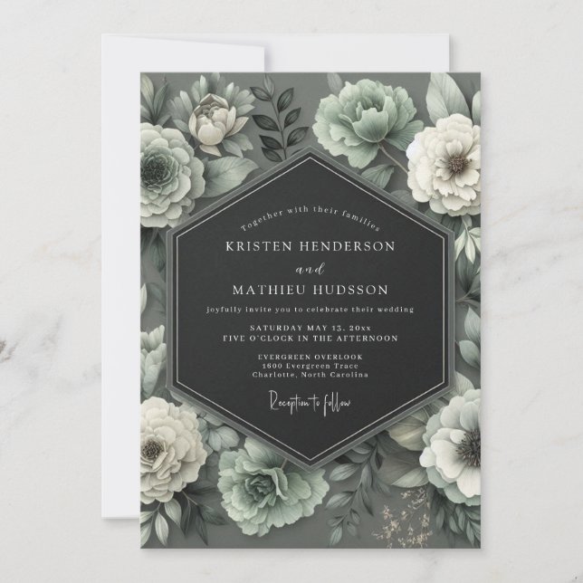 Graphite Mint Bloom Wedding Invitation (Front)