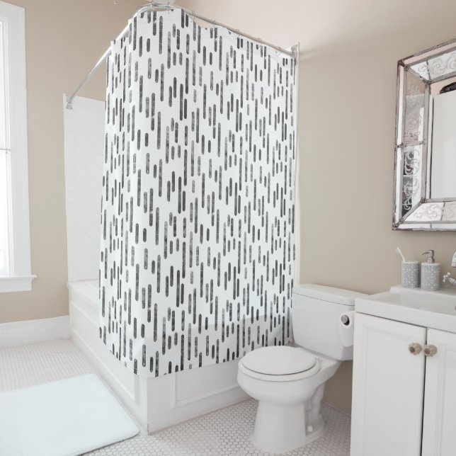 Graphite on White Inky Rounded Lines Pattern Shower Curtain (In Situ)