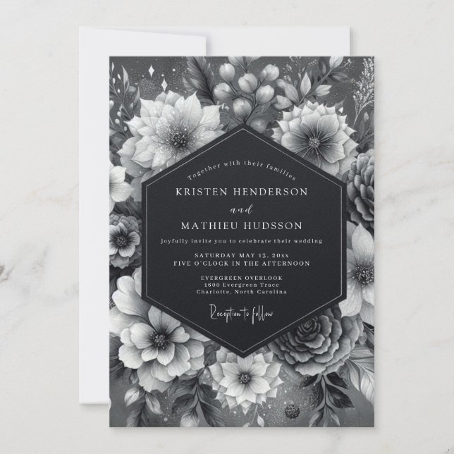 Graphite Somber Bloom Wedding Invitation (Front)