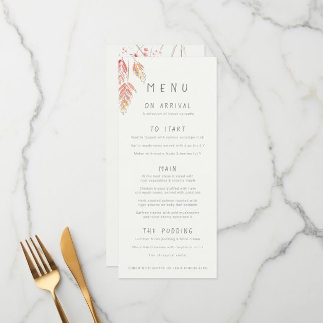 Grass and berries sketch watercolor fall wedding menu (Front/Back In Situ)