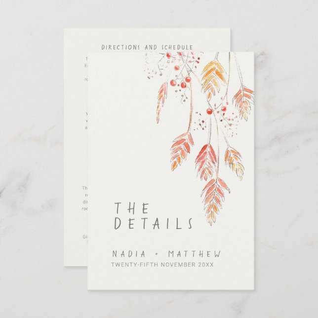 Grass berries watercolor fall wedding details enclosure card (Front/Back)