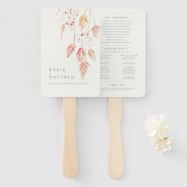 Grass berries watercolor sketch wedding program hand fan (Front and Back)