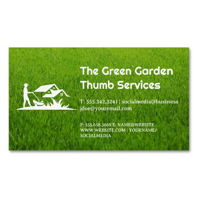 Grass | Gardener Cutting Lawn Business Card Magnet (Front)