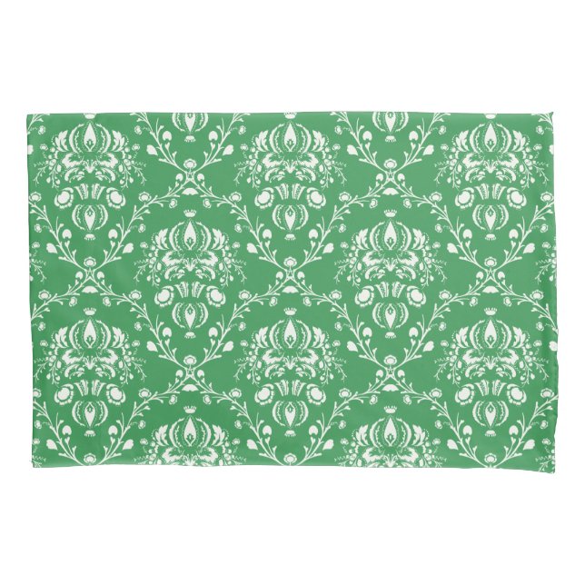 Grass Green and White Damask Pillow Case (Front-Left)