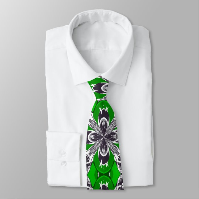Grass Green and White Repeat Tile Pattern Neck Tie (Tied)