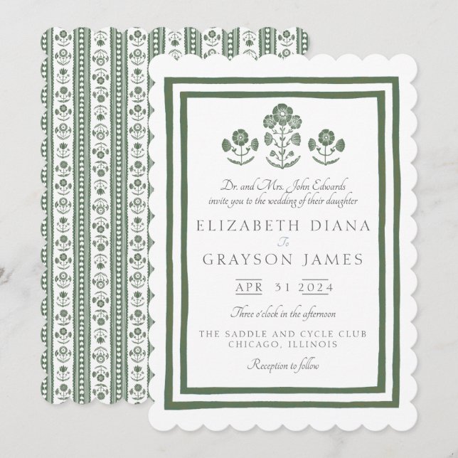 Grass Green Botanical Block Print Wedding Invitation (Front/Back)