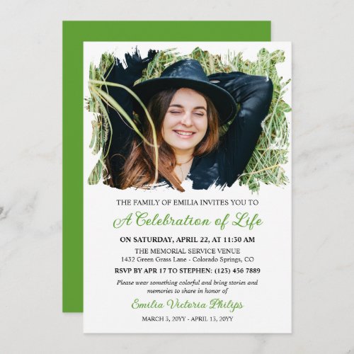 Grass Green Brushed Borders Photo Life Celebration Invitation